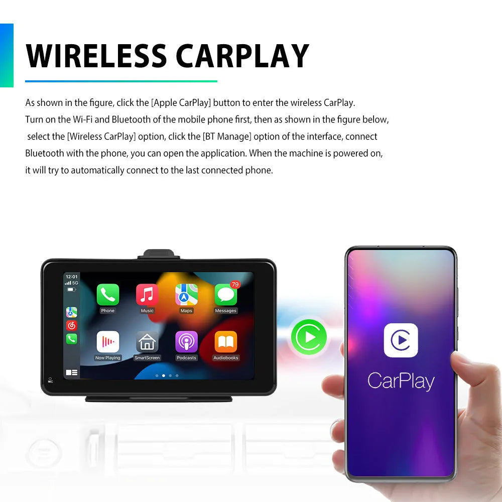 7-inch HD wired car multimedia player screen with universal mount bracket and cables on a grey background.
