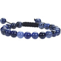 Flat knot braided women's bracelet made from hand-woven aquamarine and coloured stone beads