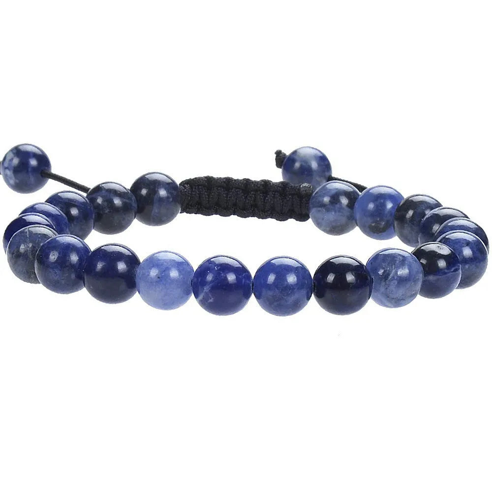 Flat knot braided women's bracelet made from hand-woven aquamarine and coloured stone beads