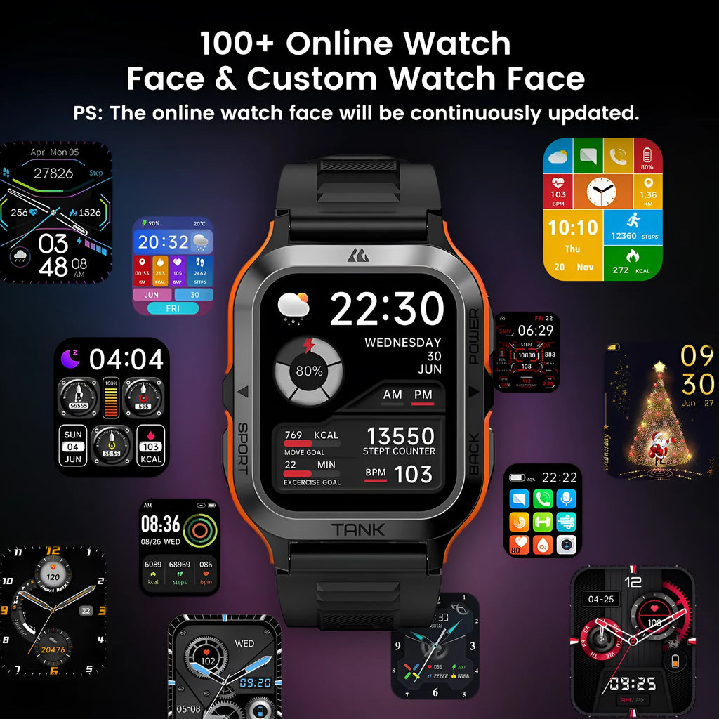 Waterproof smart watch with 1.85 inch IPS screen, Bluetooth calling, 22 mm strap, Black Orange Red options