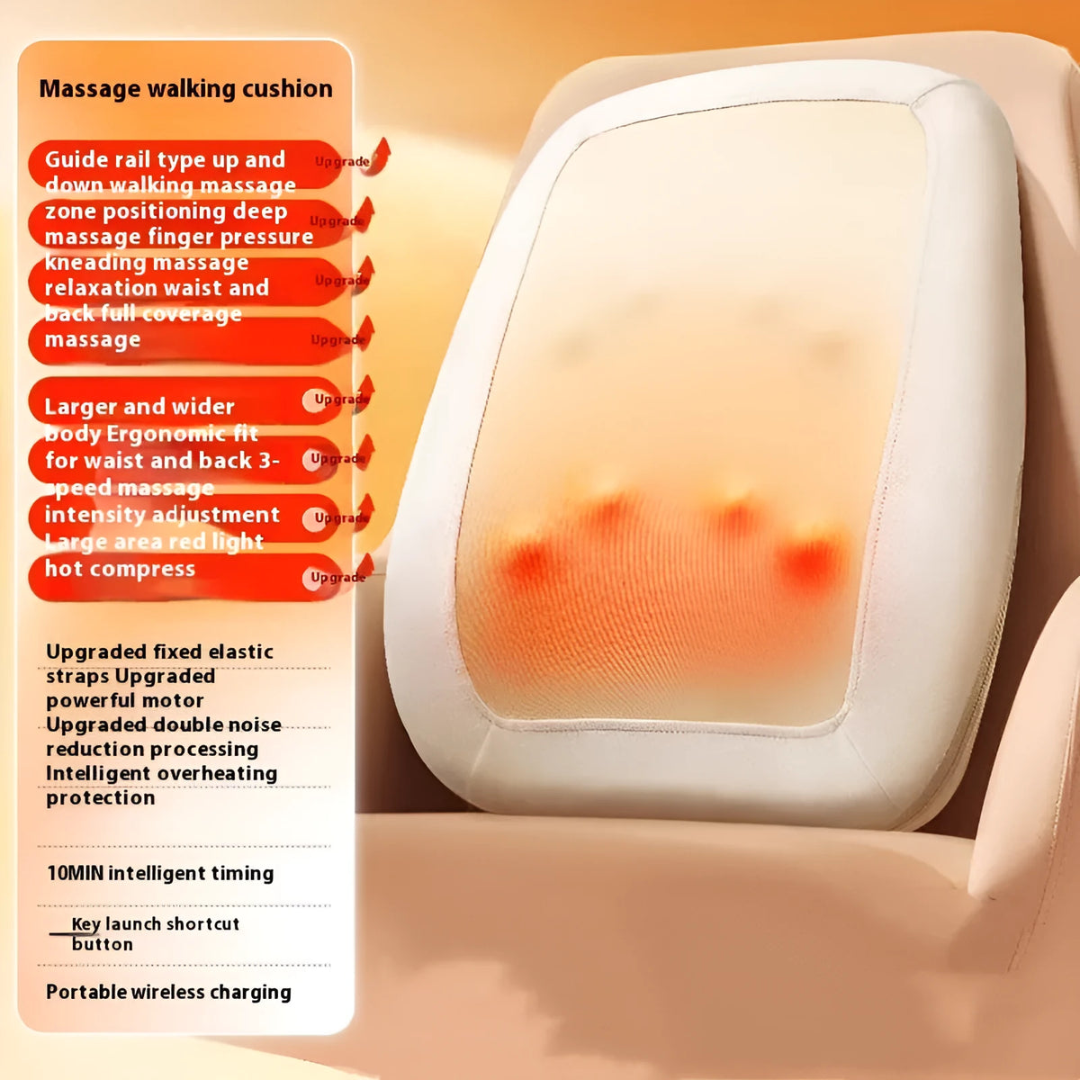 Walking massage cushion with cotton cloth cover, three gear strength settings, infrared physiotherapy, and wireless charging for neck back and waist