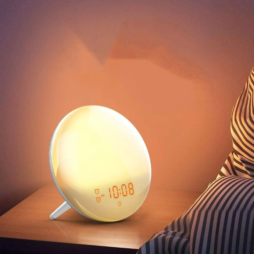 Sunrise alarm clock with wood grain finish, compact size 16x16x6cm, voice control, and night light