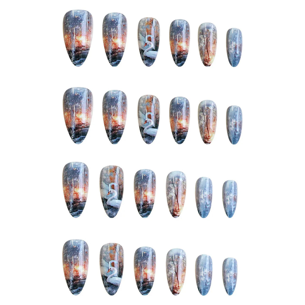 WM-43 Swan Lake Dance medium almond false nails with starry sky pattern, glue type plastic wearable armour set
