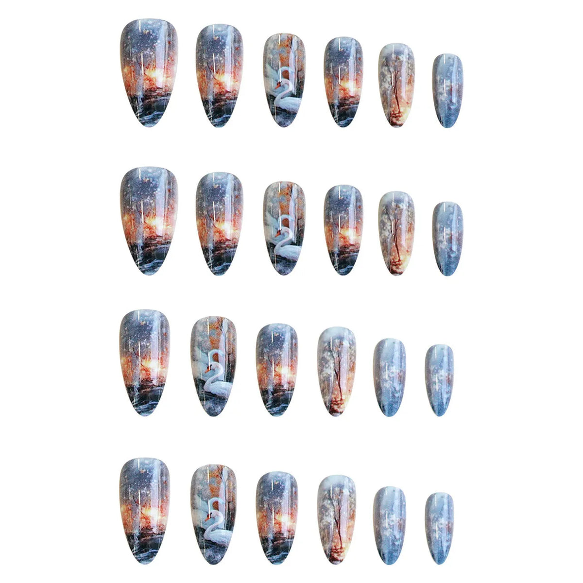 WM-43 Swan Lake Dance medium almond false nails with starry sky pattern, glue type plastic wearable armour set