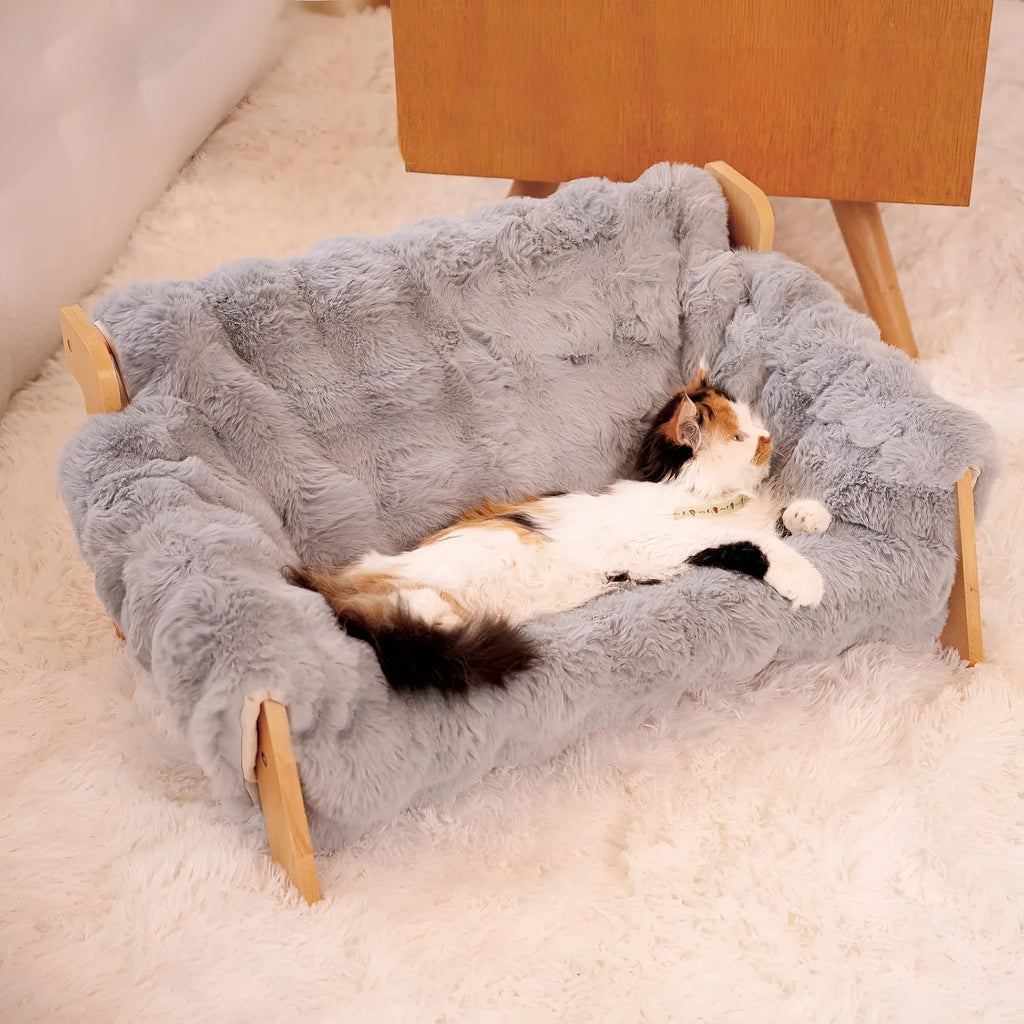 Wooden cat sofa bed with cotton removable washable cover in beige, grey, or khaki, four-season indoor cat bed