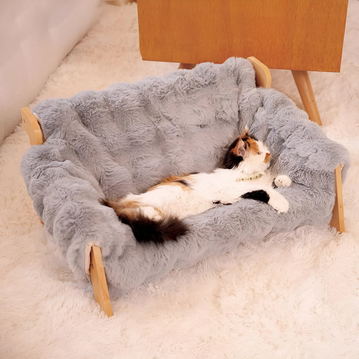 Wooden cat sofa bed with cotton removable washable cover in beige, grey, or khaki, four-season indoor cat bed