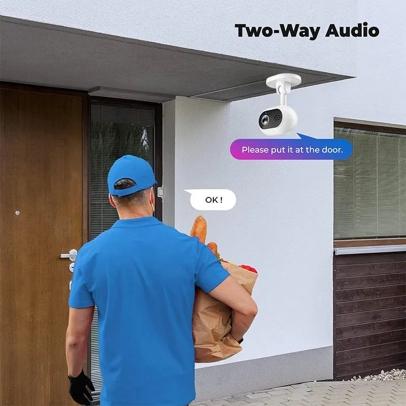 White 1080P HD mini WiFi IP camera with night vision for home monitoring