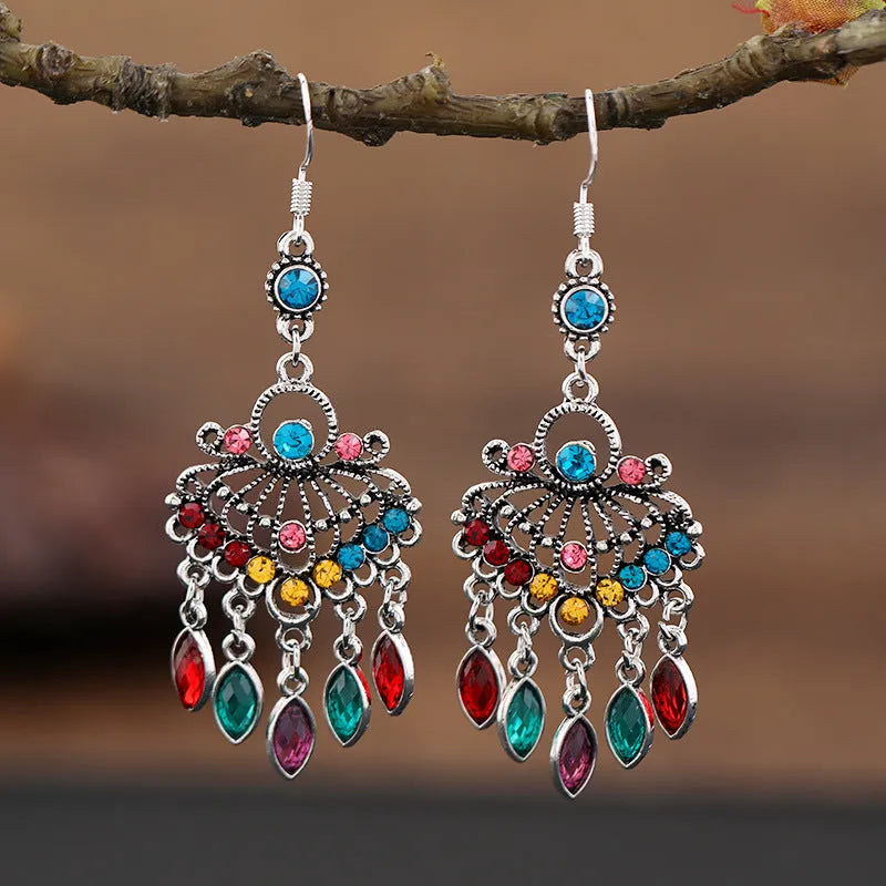 Purple retro court crystal long fringe drop earrings with ethnic style alloy construction