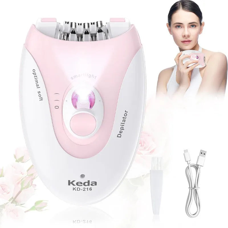 KEDA-216 coloured USB electric epilator for full body hair removal with brush cleaner