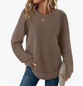 Waffle loose round neck high low curved hem pullover top in solid colour with plaid pattern