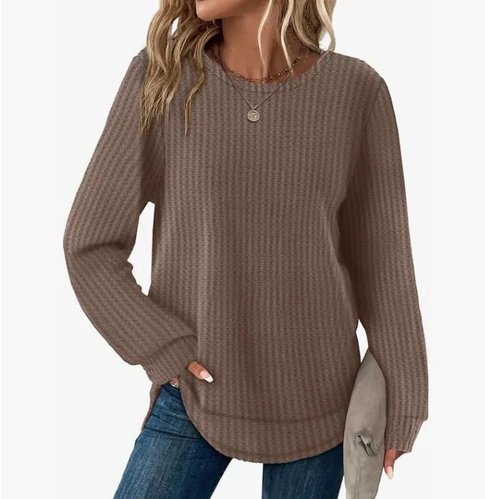 Waffle loose round neck high low curved hem pullover top in solid colour with plaid pattern