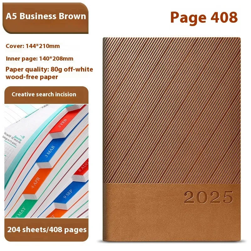 A4 notepad with striped PU leather cover open to show wood-free paper, available in eight colours.