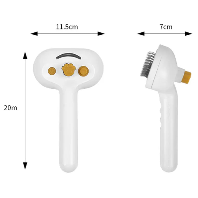 White pet grooming brush with built-in water tank and self-cleaning slicker head for dogs and cats.