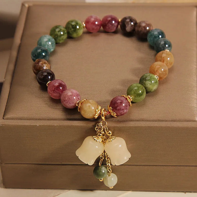 Colour tourmaline bracelet with round beads and lily pendant, jade material, female style