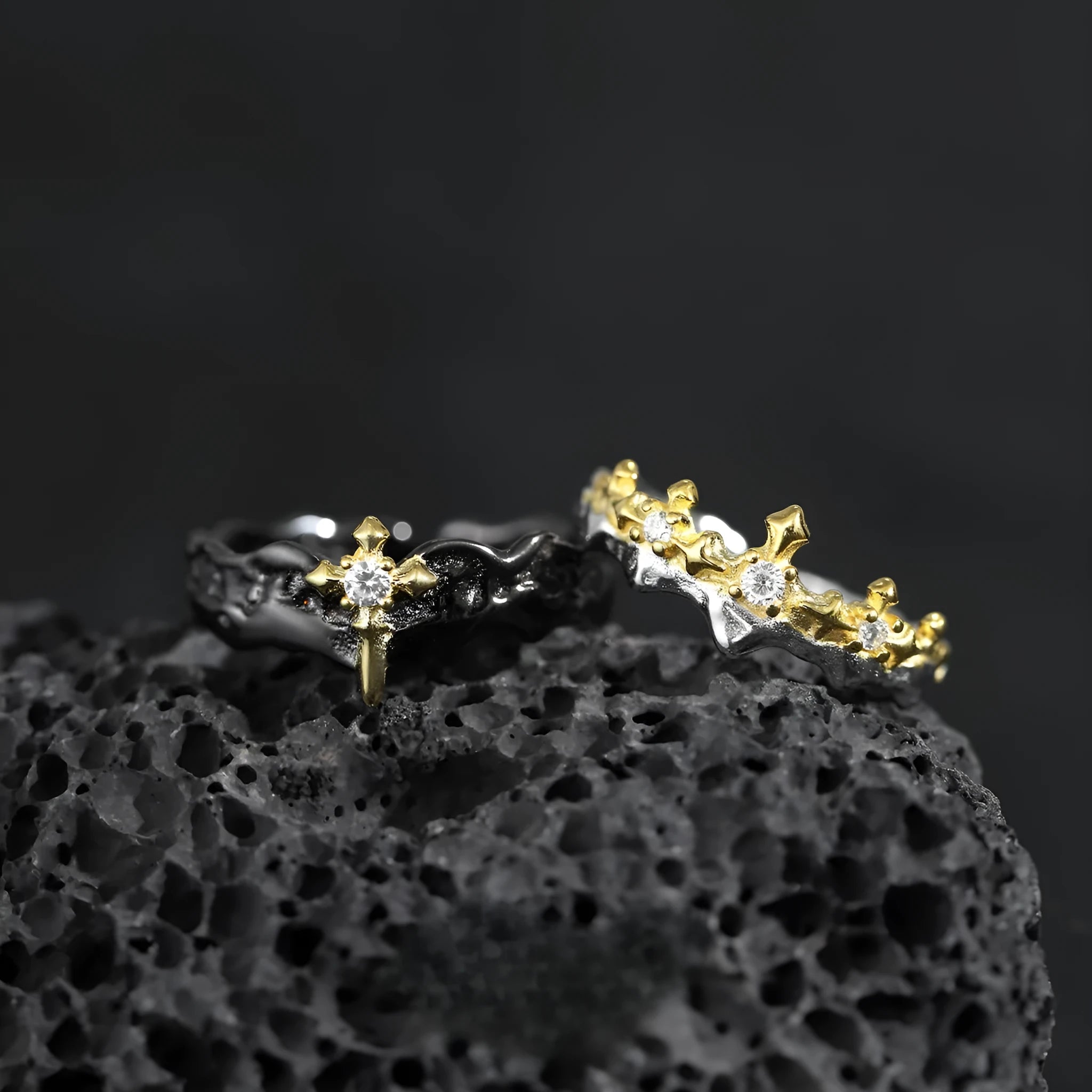 Princess Knight couple ring with adjustable opening in silver with white gold or black gold electroplated finish.