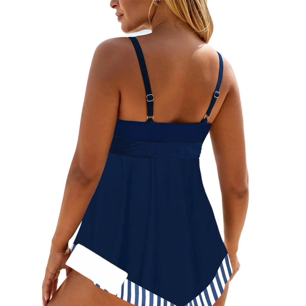 Plus size woman in a blue two-piece quick-dry bikini swimsuit at the poolside.