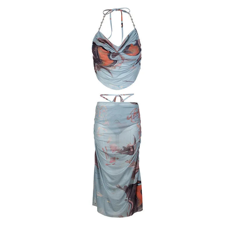 Blue diamond chain pattern three-piece bikini swimwear set showing front and back views
