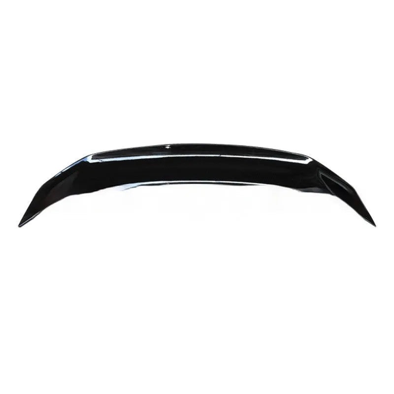 A universal punch-free ABS plastic car tail wing spoiler showing bright black, white, and carbon pattern finish options.