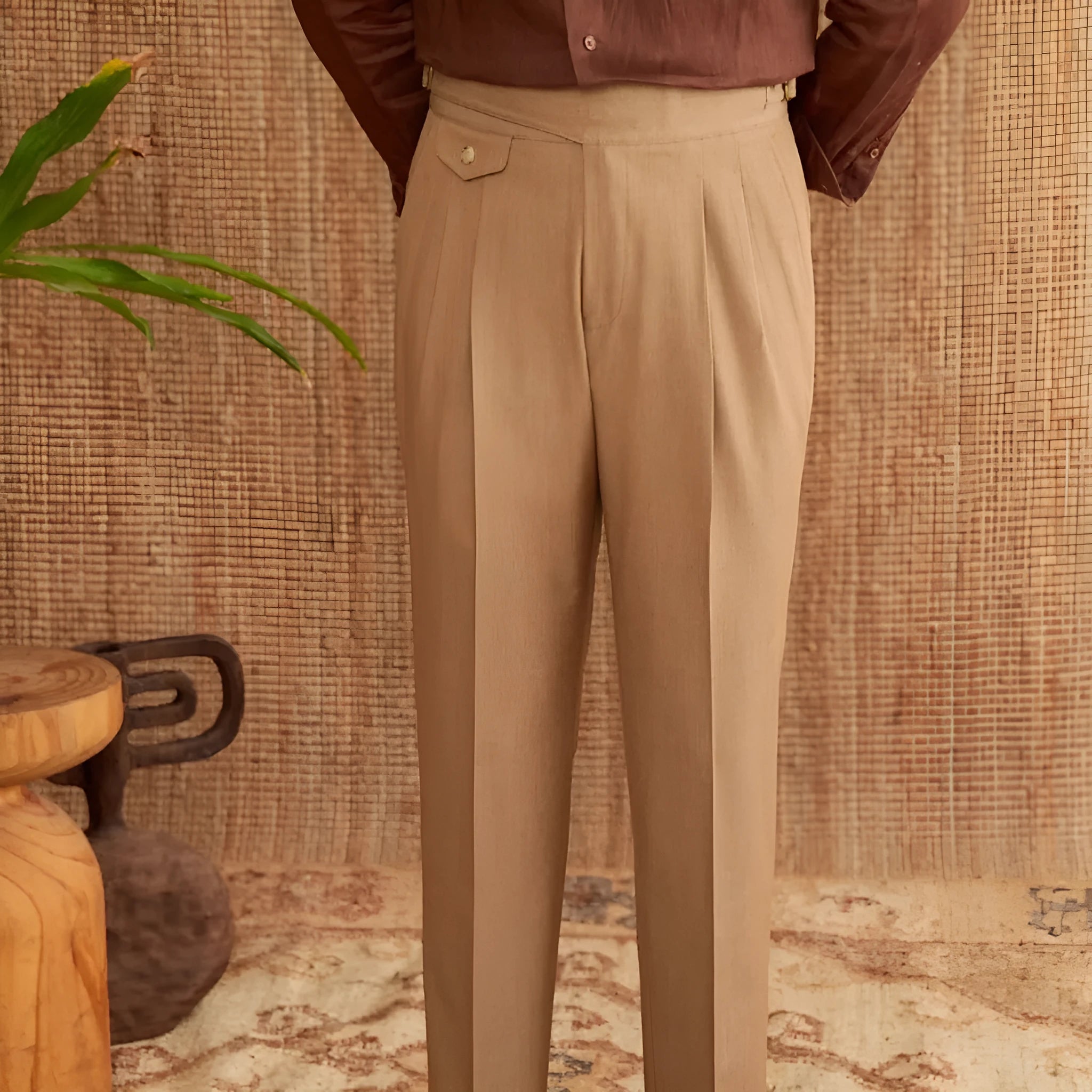 Men's slim fit straight leg trousers in dark grey, light brown, and light apricot colours.