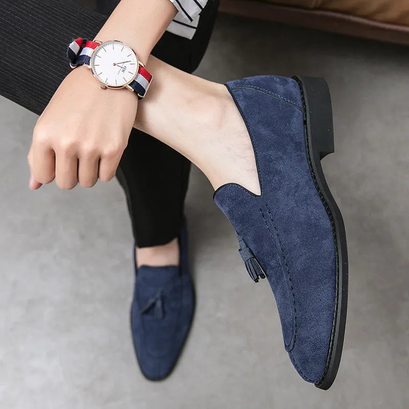 Men's suede matte leather shoes in purple or blue, flat heel, low tube, sizes 38-48, artificial PU upper, plastic sole.