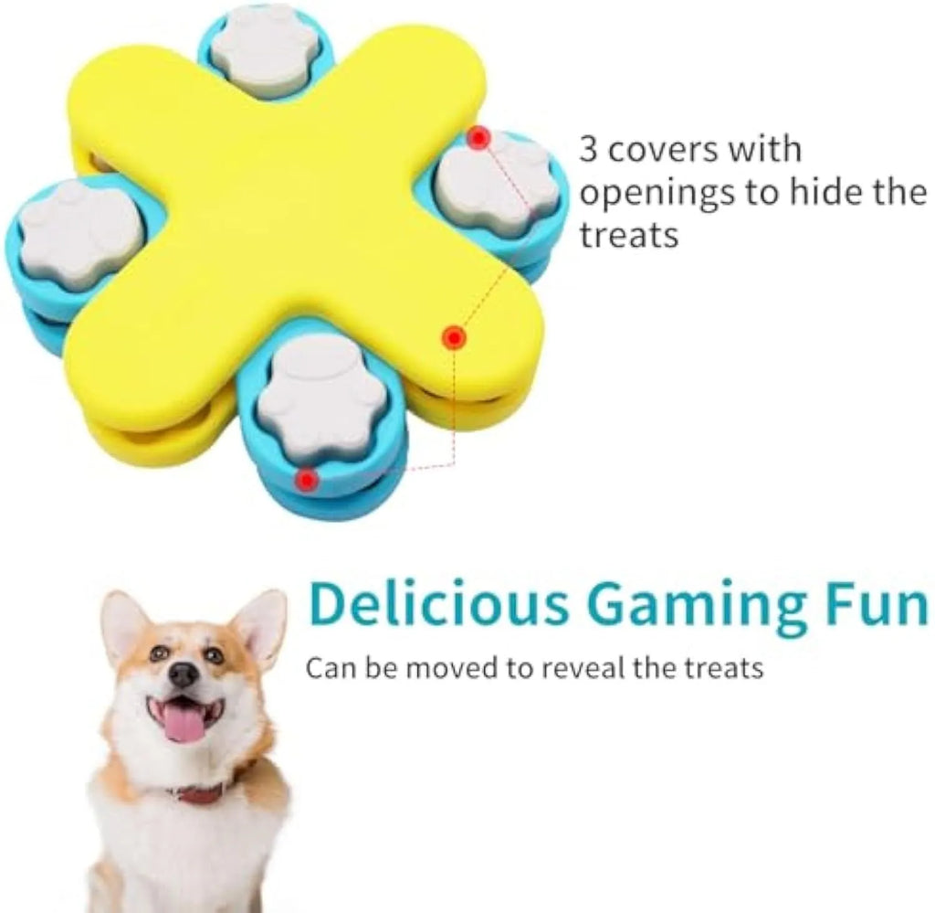 Yellow three-layer rotating dog puzzle feeder toy with removable lids and non-slip base