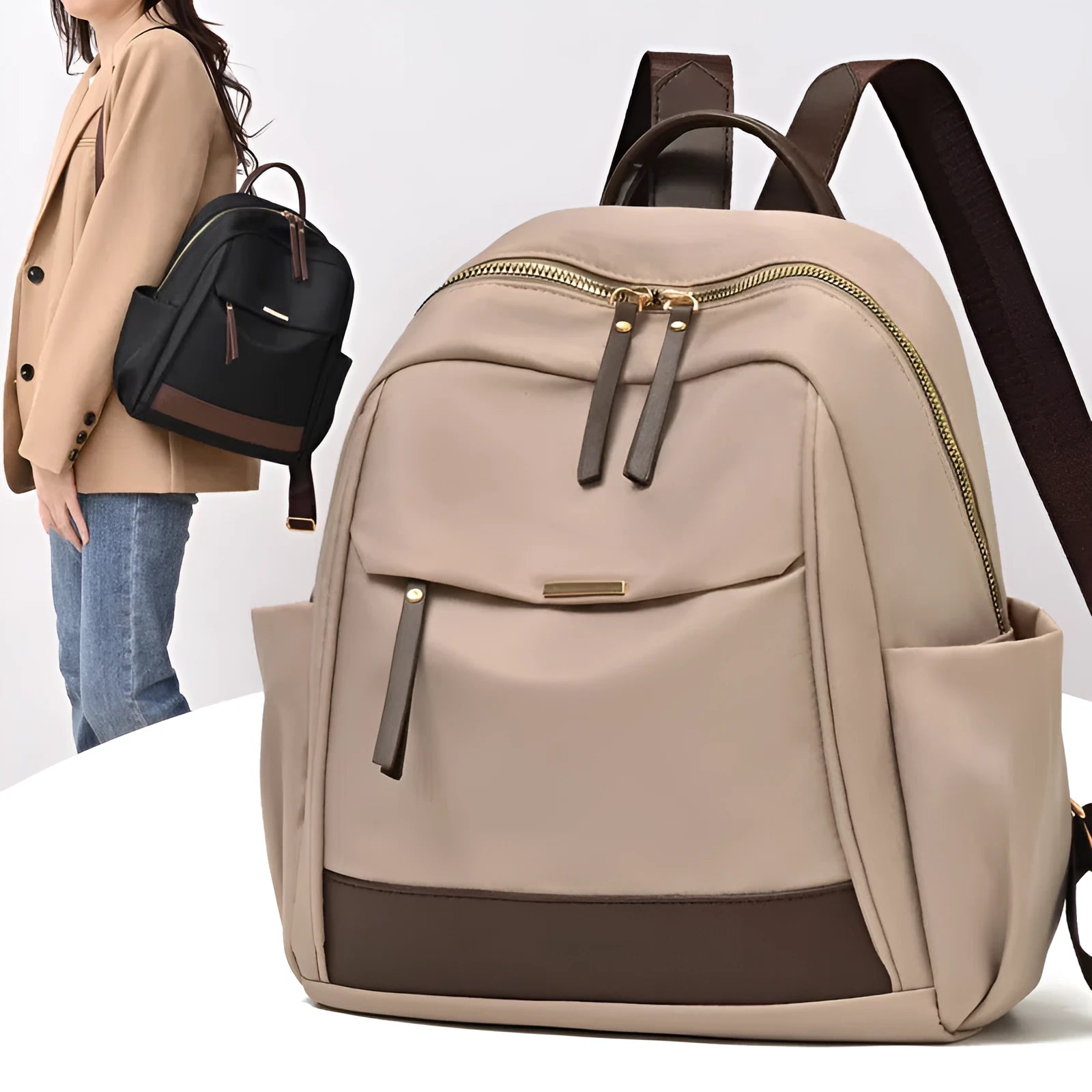 Women's lightweight nylon travel backpack in milk tea colour with large-capacity main compartment