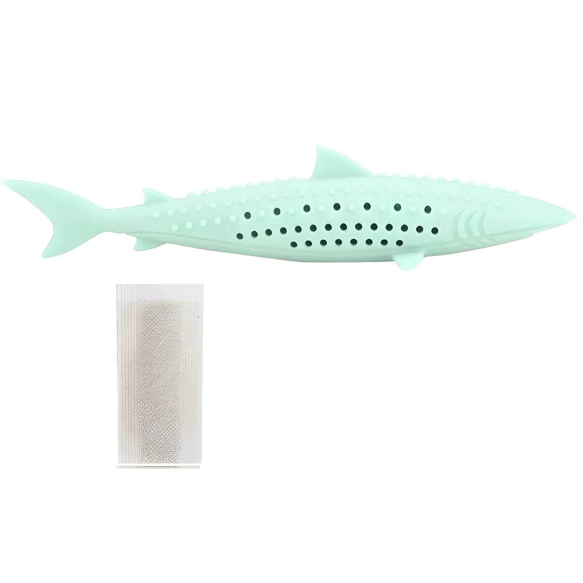 Green silicone fish-shaped chew toy for cats with breathable side holes on a white background.
