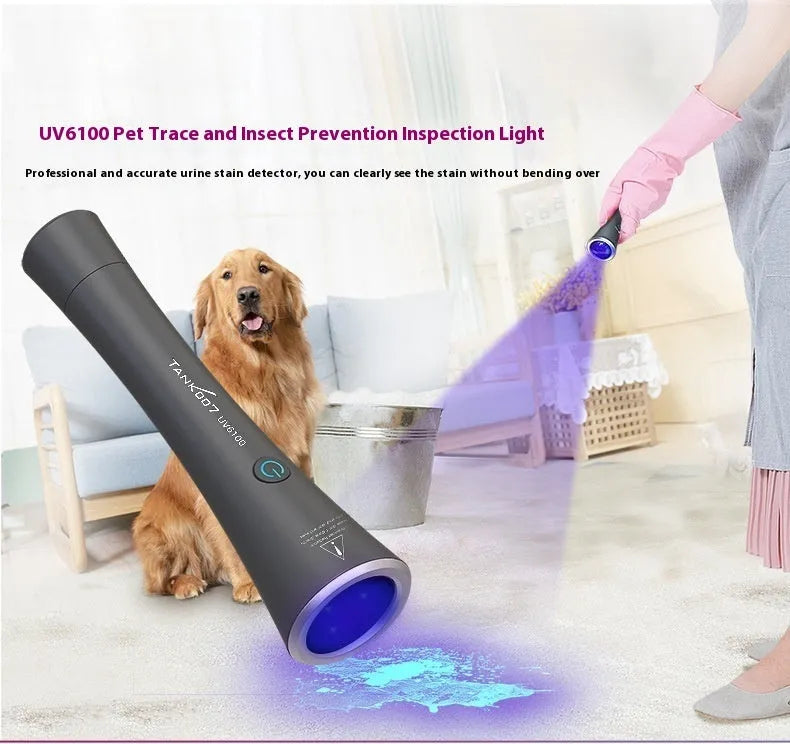 Black aluminium UV flashlight for detecting pet urine stains and insects on carpet.