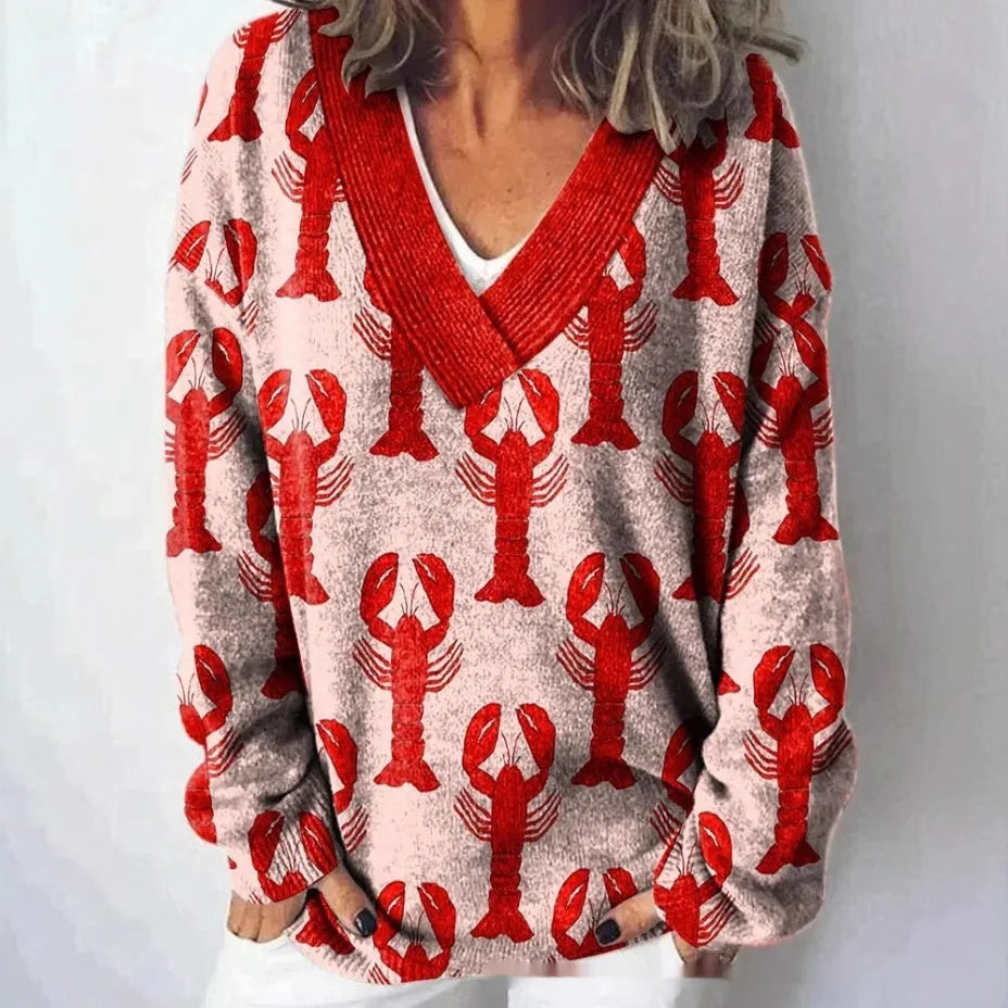 Women's V-neck long sleeve sweatshirt with a 3D floral print pattern.