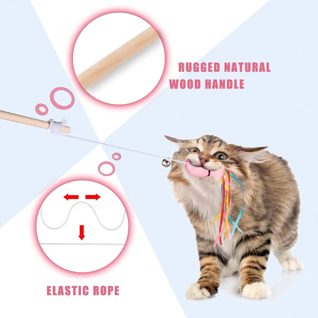 Blue handled cat teaser wand with colourful ribbons, a bell, and a catnip fish dangling from an elastic rope