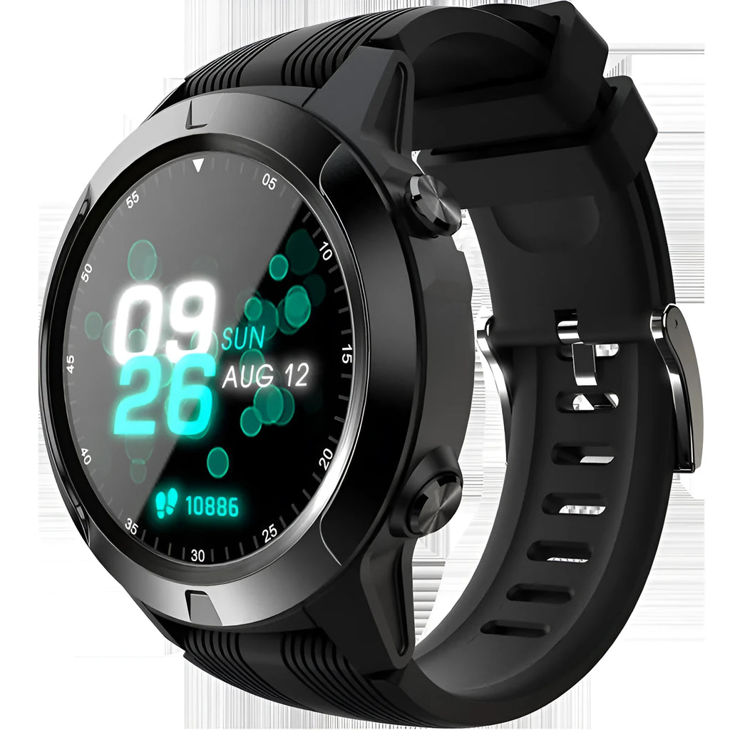 Black men's smart watch with 1.3-inch screen showing fitness metrics and Bluetooth calling function