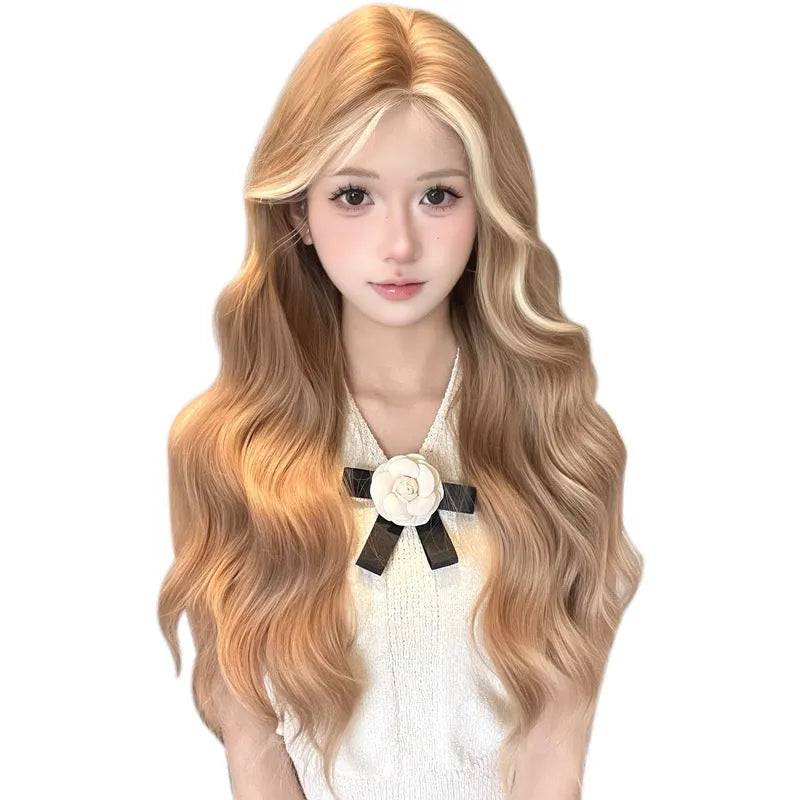 Ladies lace front long curly wig in American highlight gold colour