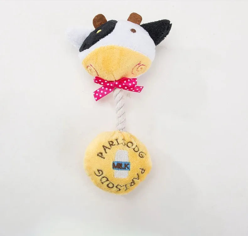 Dog plush squeaker toy with cotton rope tug in animal designs