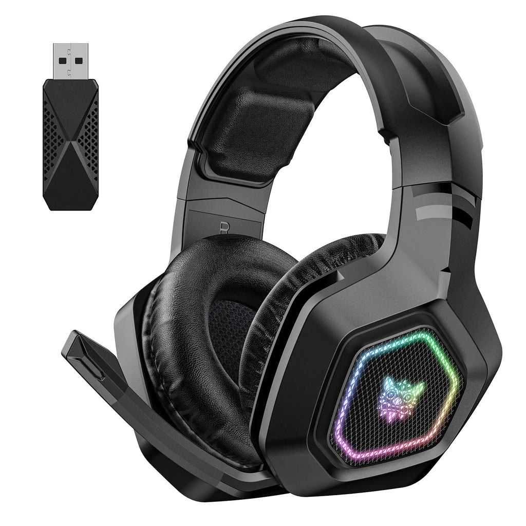 Black and white wireless gaming headset with RGB lights showing ultra-lightweight 24g design