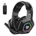 Black and white wireless gaming headset with RGB lights showing ultra-lightweight 24g design