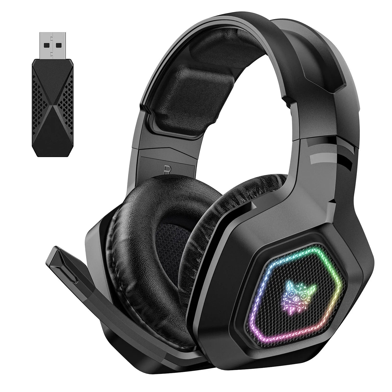 Black and white wireless gaming headset with RGB lights showing ultra-lightweight 24g design