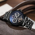 Men's black or white automatic watch with luminous hands on a steel or leather strap.