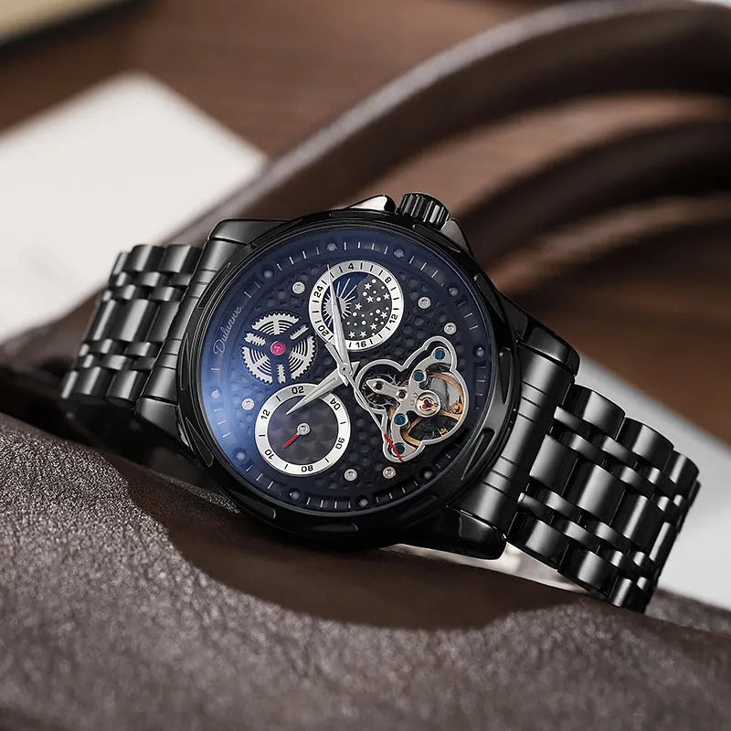 Men's black or white automatic watch with luminous hands on a steel or leather strap.