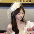 French retro feather headdress flower in mesh, shown in pink, white, or black for dinner socialite gatherings.