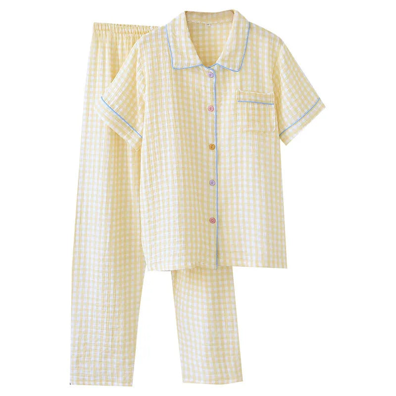 Women's washed cotton short-sleeved lounge trousers set in a loose, casual style.