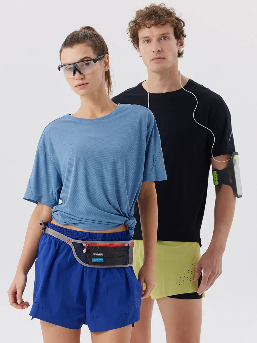 Men's turmeric yellow sports shorts with side slits, made from micro-elastic nylon fabric.