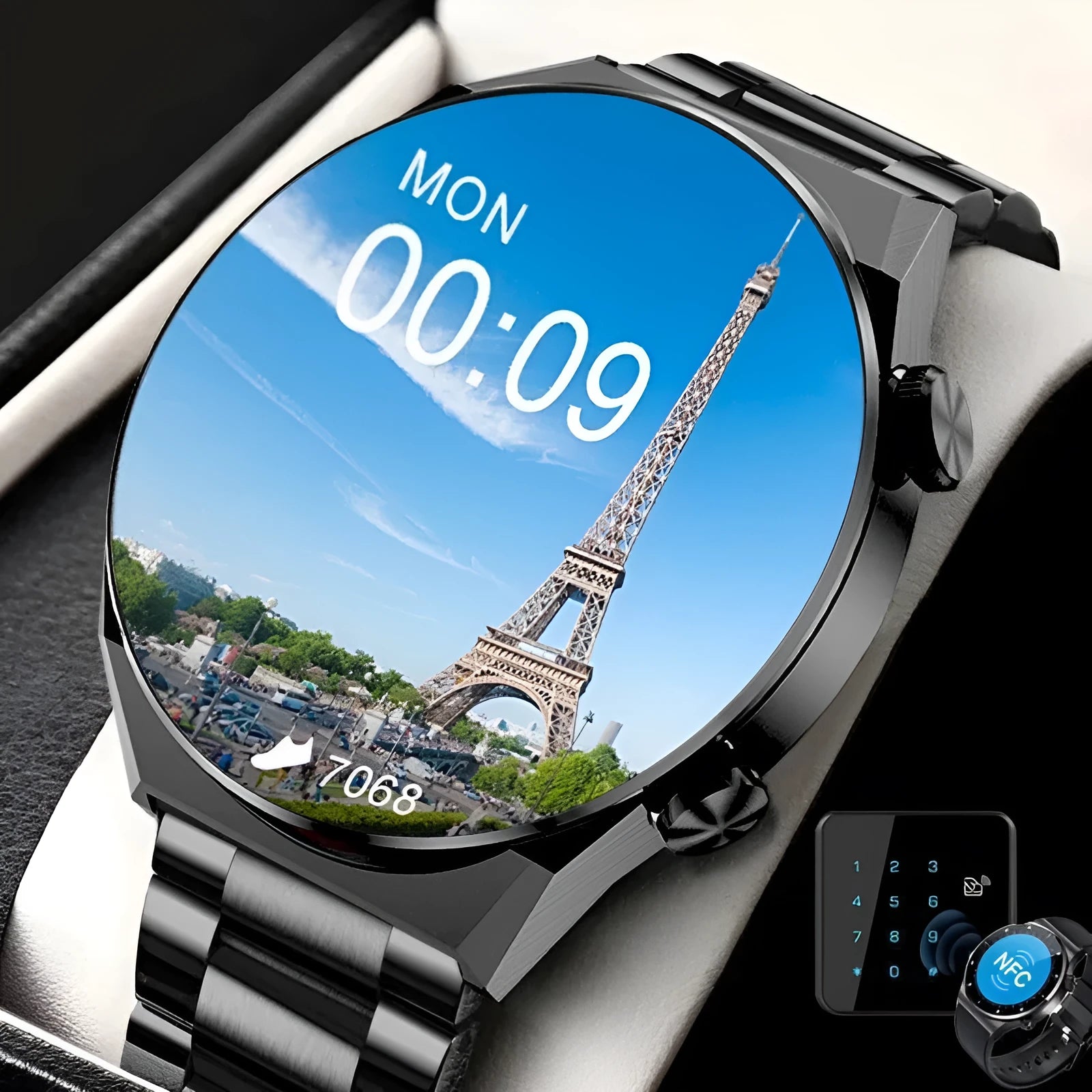 Black smartwatch with 1.45-inch screen on a silicone strap, showing heart rate monitoring display.