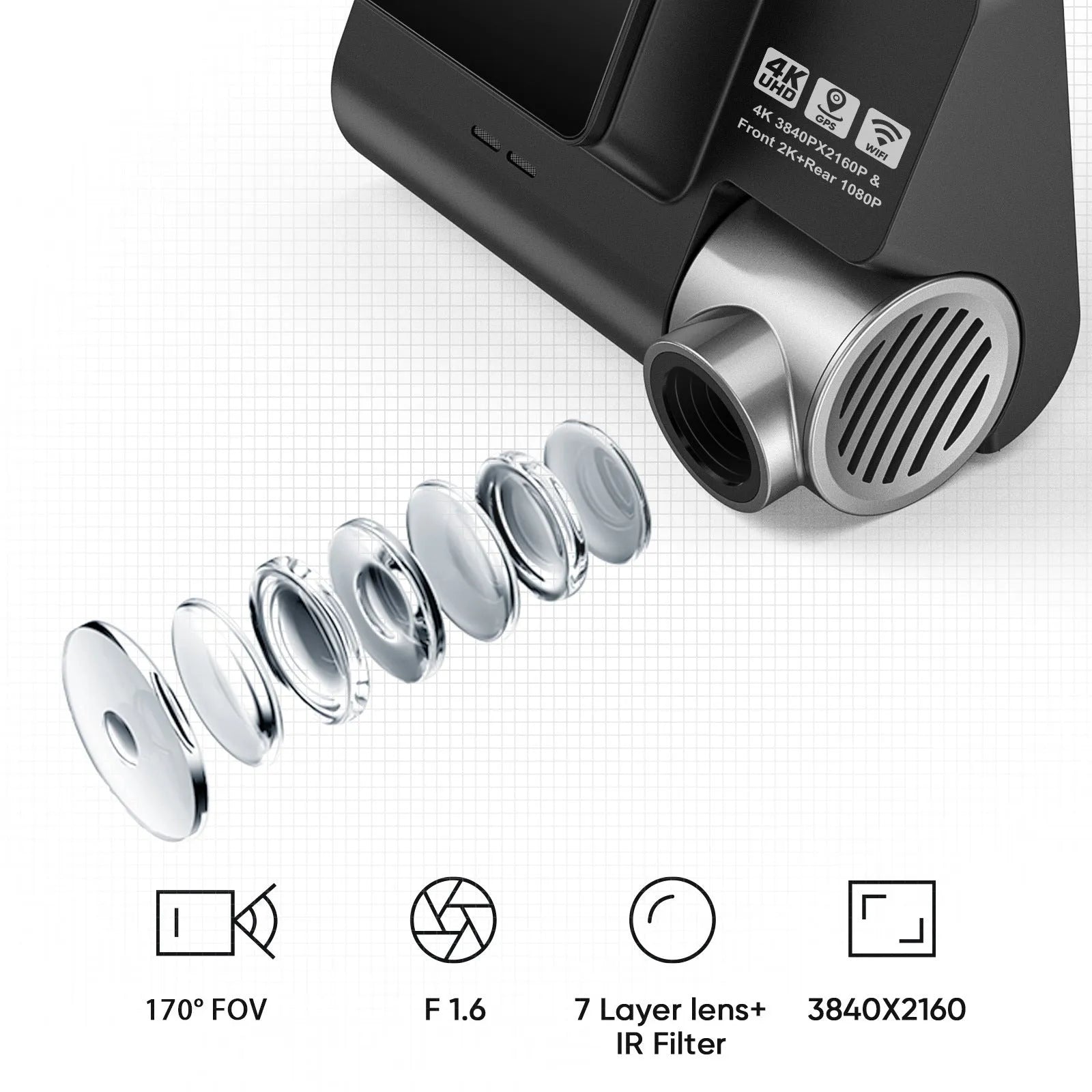V55 4K UHD night vision car camera dash cam with double lens and front windshield mount in black