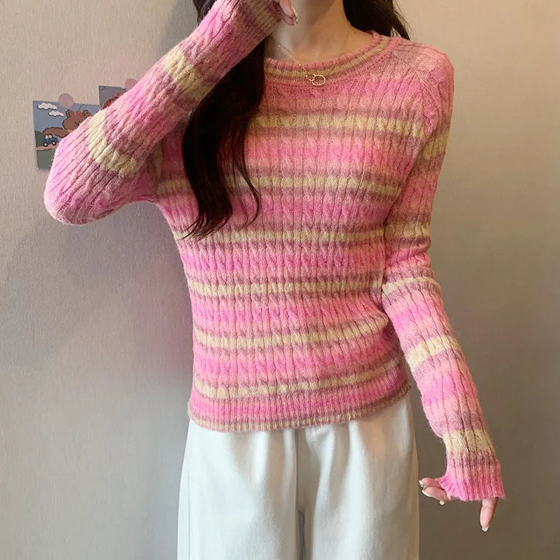 Striped round neck pullover sweater for women, slim fit, long sleeves, pink colour, embossed knit fabric