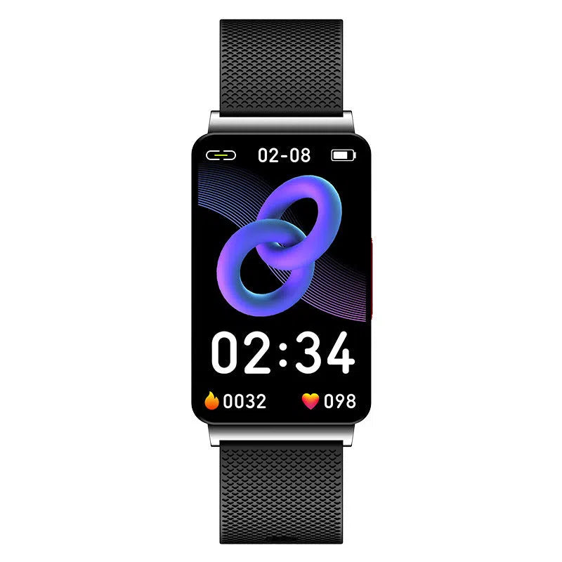 Smart watch health bracelet with IPS screen, touch button, silicone or steel strap in black or silver
