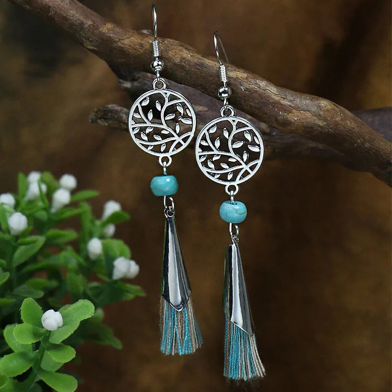 Women's retro geometric tassel earrings in alloy with electroplated finish, one pair, multiple colours