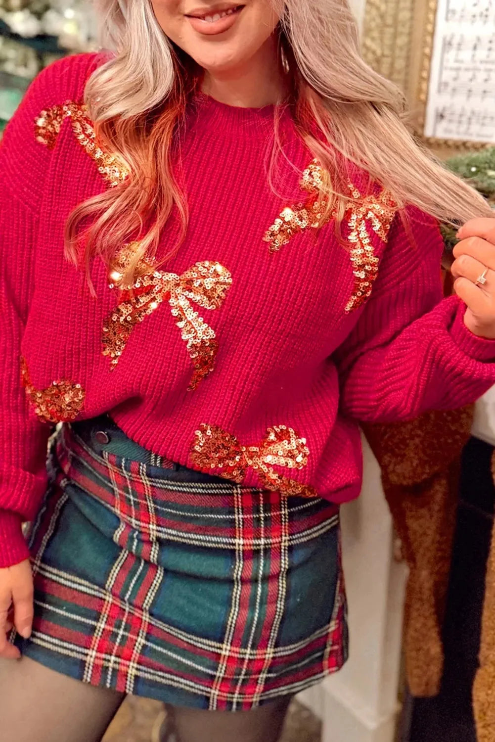 Women's round neck long sleeve sweater with Christmas sequins and embroidery in Fiery Red