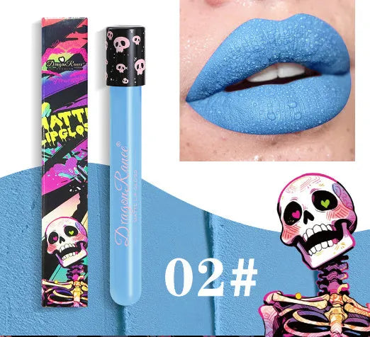 Halloween matte lip gloss in skull test tube packaging showing DR160 colour options