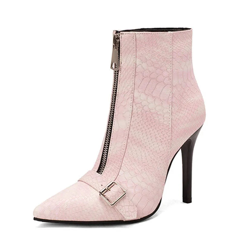 Women's belt buckle front zipper high heel boots in black artificial PU with low tube shaft