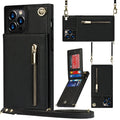 Black leather card case wallet phone case with TPU frame for iPhone, front view showing card slot